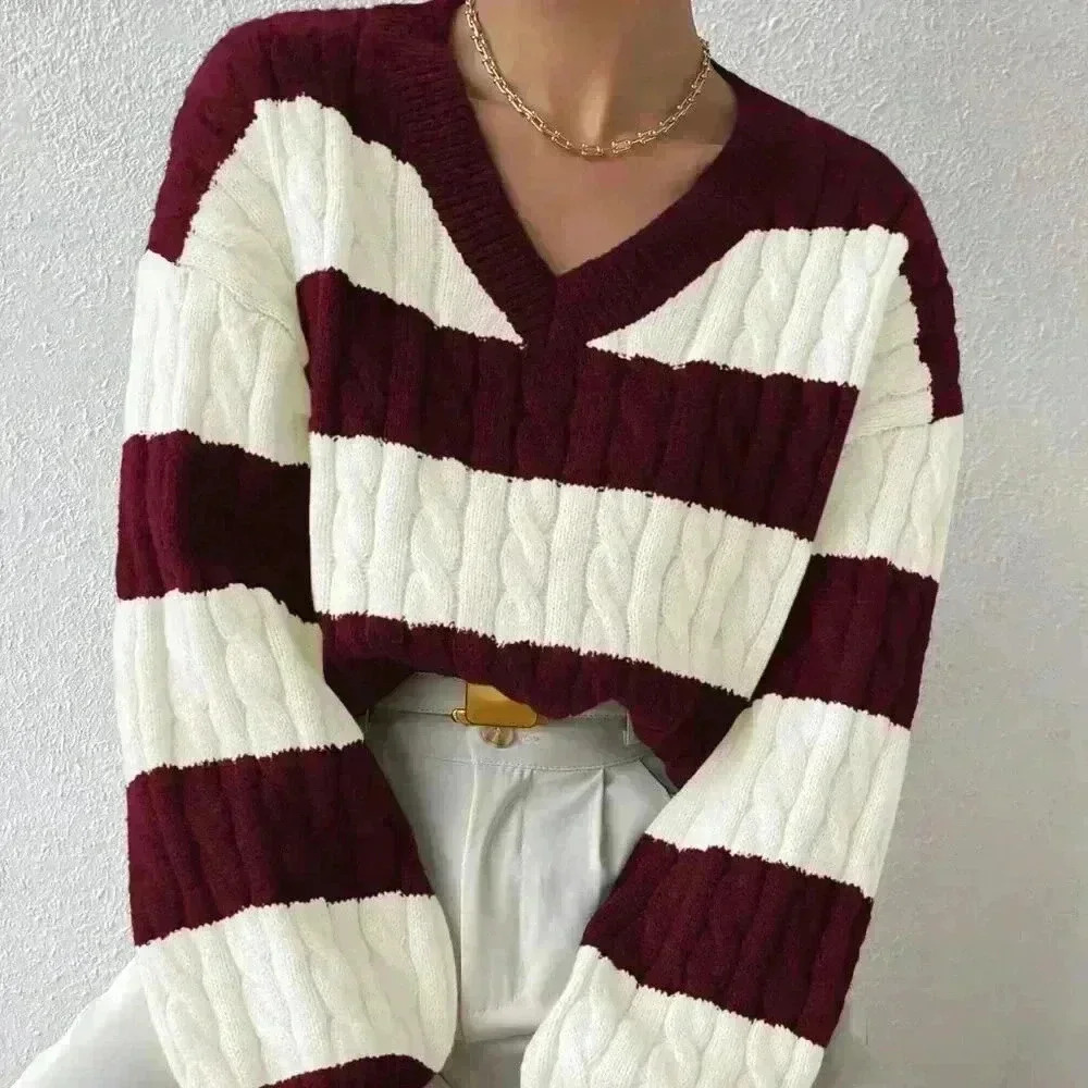 Red Violet Casual Women's Two Tone Cable Knit Drop Shoulder Sweater